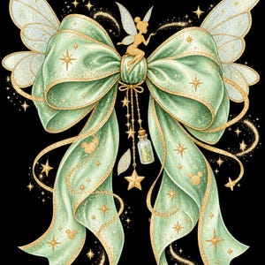 May include: A large mint green ribbon bow featuring gold glitter edges and translucent fairy wings extending from the sides. A small gold fairy sits atop the center, with a dangling charm featuring a tiny glass bottle filled with gold glitter.