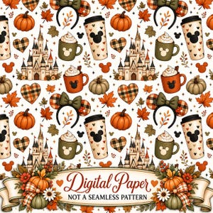 Puede incluir: Un patrón repetitivo con calabazas naranjas, castillos beige, corazones a cuadros, diademas con orejas de ratón y tazas con nata montada sobre un fondo blanco. Un banner inferior muestra el texto Digital Paper NOT A SEAMLESS PATTERN.