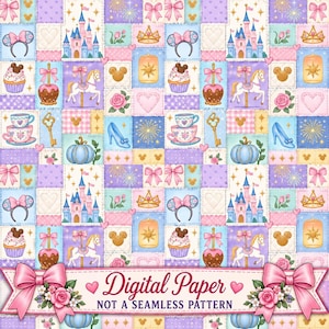 Puede incluir: Un patrón repetitivo de cuadrados con ilustraciones de castillos, caballos de carrusel, zapatillas de cristal, cupcakes, tazas de té, llaves, coronas, linternas y orejas de ratón en tonos pastel. Una banda inferior dice Digital Paper NOT A SEAMLESS PATTERN.