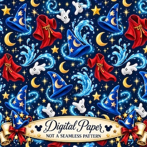 May include: A repeating pattern on a dark blue background featuring blue wizard hats with yellow moons and stars, red robes with gold ties, white cartoon gloves, and swirling blue water splashes. A banner at the bottom reads Digital Paper NOT A SEAMLESS PATTERN.