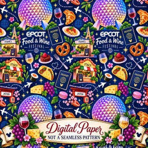 May include: A dark blue digital paper pattern featuring Epcot Food & Wine Festival icons including the Spaceship Earth sphere, international food stalls, passports, wine glasses, croissants, pretzels, tacos, sushi, cheese, grapes, and airplanes.