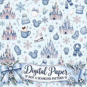 Op de afbeelding: Een lichtblauwe digitale achtergrond met een herhalend patroon van witte en blauwe kastelen, sneeuwvlokken, wintermutsen, schaatsen, wanten, sjaals, lolly's en muizenoorsilhouetten met een banner met de tekst Digital Paper NOT A SEAMLESS PATTERN.