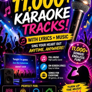 Könnte beinhalten: Eine Werbegrafik für Karaoke-Tracks mit Mikrofon, Discokugel und dem Text "Über 11.000+ Karaoke-Tracks!" mit Texten und Musik. Enthält Symbole für Partys, Kneipen, DJs und Karaoke zu Hause. Der Slogan lautet: "Singen Sie aus vollem Herzen."