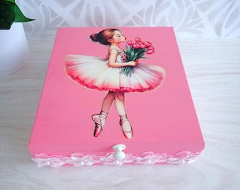 Caja de recuerdos de bailarina pintada a mano: caja de recuerdos rosa para Navidad, cumpleaños e hijas o sobrinas.