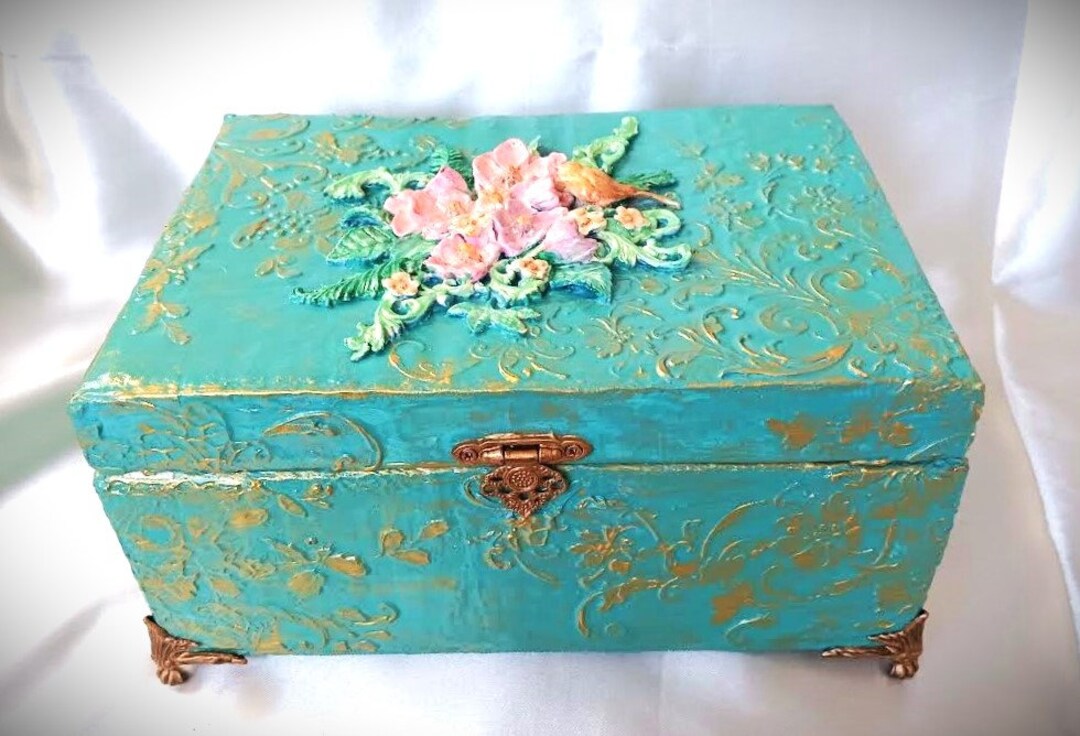 Teal Memory Bird & Flower Bouquet on Teal Keepsake Memory Box is a ONE OF - Etsy