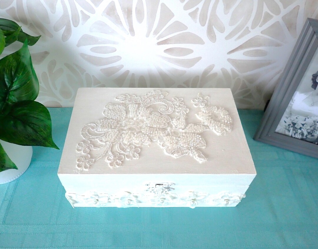 White Decorative Box With Lace Flowers, Rectangle Keepsake Box ...