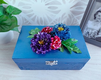 Caja de recuerdos azul con brillo, pintada a mano, decoración azul para el hogar