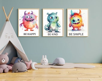 Cute Monster Print Set of 4 Little Monster Nursery Wall Art Cute Monsters Nursery Wall Decor Printable Kids Room Decor, Instant Download