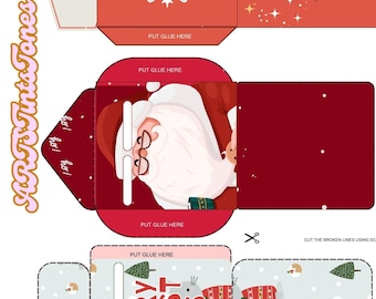 May include: Printable Christmas gift box template with a red and white snowflake design, a Santa Claus illustration, and a cat wearing a red and white sweater with the text "Merry Christmas" on a light blue background.