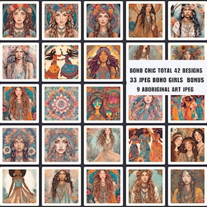Boho Chic, wunderliche Hippy-inspirierte Boho Mädchen, 42 JPEG Designs, Kunst der Aborigines, Kartenherstellung, Junk Journals, Digitale Kunstdrucke, Minimalistisch