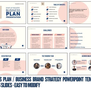Könnte beinhalten: Eine Businessplan-Präsentationsvorlage mit einem modernen Design. Die Folien zeigen ein hellrosa und weißes Farbschema mit blauen Akzenten. Die Präsentation umfasst Abschnitte zu Vision, Herausforderungen, Ausführungsplan und Teammitgliedern. Der Text "BUSINESS PLAN" ist prominent dargestellt.