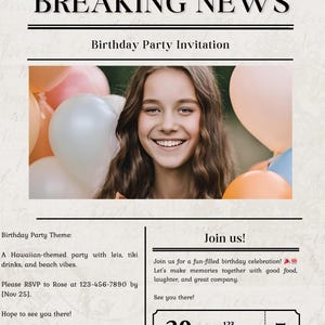 Personalized Birthday Invitation Template, Newspaper Style, Fully Editable Canva Template, DIY Canva Template, Instant Download