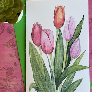 Handgemachte Grußkarte, Süße Weihnachtskarte, Valentinskarte, einfache Urlaubskarte, Blumenkarte, Freundschaftskarte, Tulpenkarte