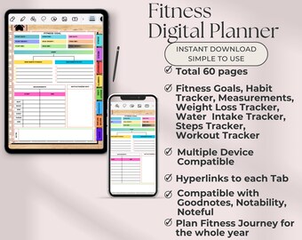 Digital nedladdning av fitnessplanerare, GoodNotes träningsdagbok, viktminskning och måltidsspårning, iPad Wellness Planner PDF, Digital Wellness PDF