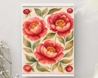 Röda pioner-tryck, modern färgglad pionkonst, abstrakt sommarblommaposter, utskrivbar väggkonst, akvarellpioner, bohemisk blomsterdekor