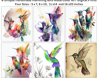 Handmade Hummingbird Digital Art – Colorful Watercolor Print, Nature Wall Art, Instant Download , Four sizes