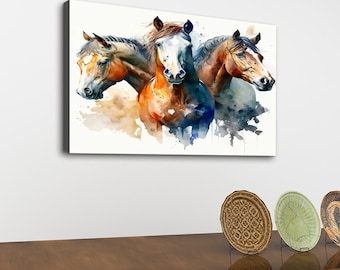 Handmade Mustang Horse Canvas Art, Western Horse Art, Wild Spirit Mustang, Majestic Mustang Horse Painting Decor, 3 Western Horses, Wall Art