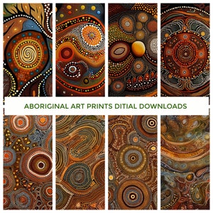 Puede incluir: Una colección de ocho impresiones de arte digital que presentan diseños de arte aborigen. Las impresiones presentan intrincados patrones de puntos, círculos y líneas en tonos de marrón, naranja, amarillo y negro.