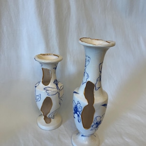 Blue Floral Porcelain Vases with Gold Trim – Kintsugi-Inspired Sculptural Cutout Pair