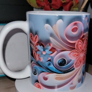 3D Blue Pink Flowers Mug Wrap, 11oz  Mug Design, 3D Floral Mug Sublimation, 3D Flowers Mug Wrap, 11oz Mug