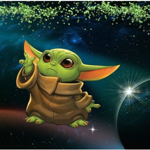 May include: A green and brown cartoon character with large ears, big eyes, and a serious expression. The character is standing in front of a dark blue background with stars and a bright white star in the distance.