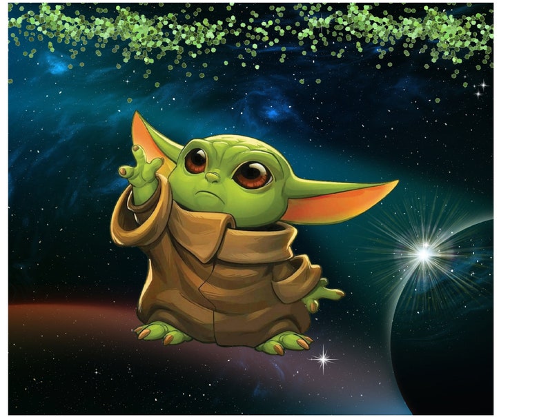 May include: A green and brown cartoon character with large ears, big eyes, and a serious expression. The character is standing in front of a dark blue background with stars and a bright white star in the distance.