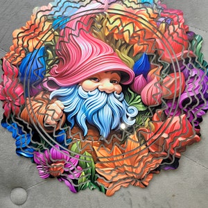 Gnome wind spinner, metal, outdoor wind spinner, with gnome printed on front and back, garden, porch décor