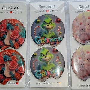 Car Coasters, Set of 2 Coasters, Cute Car Accessories, Retro Car Coasters, Cup Holder Coasters,the grinch Car Coasters, Boho Car Coasters