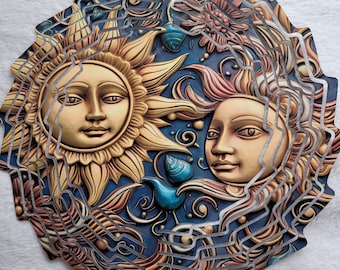 Girandola in metallo 3D Sole e Luna con design a sublimazione, girandola da giardino 3D, 10 pollici, girandola rotonda da appendere