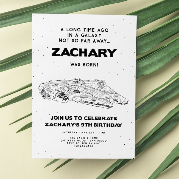 Customizable Star Wars Birthday Party Invitation, for Kids Birthday Party, Black and White, Millennium Falcon, Space Themed, Ship, Han Solo