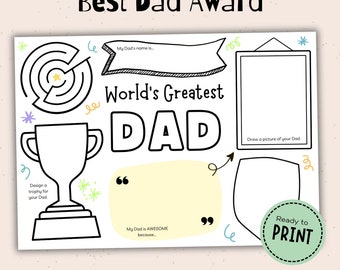 Printable keepsake activity page 'All About my Dad', Best Dad Award, Fathers Day Gift