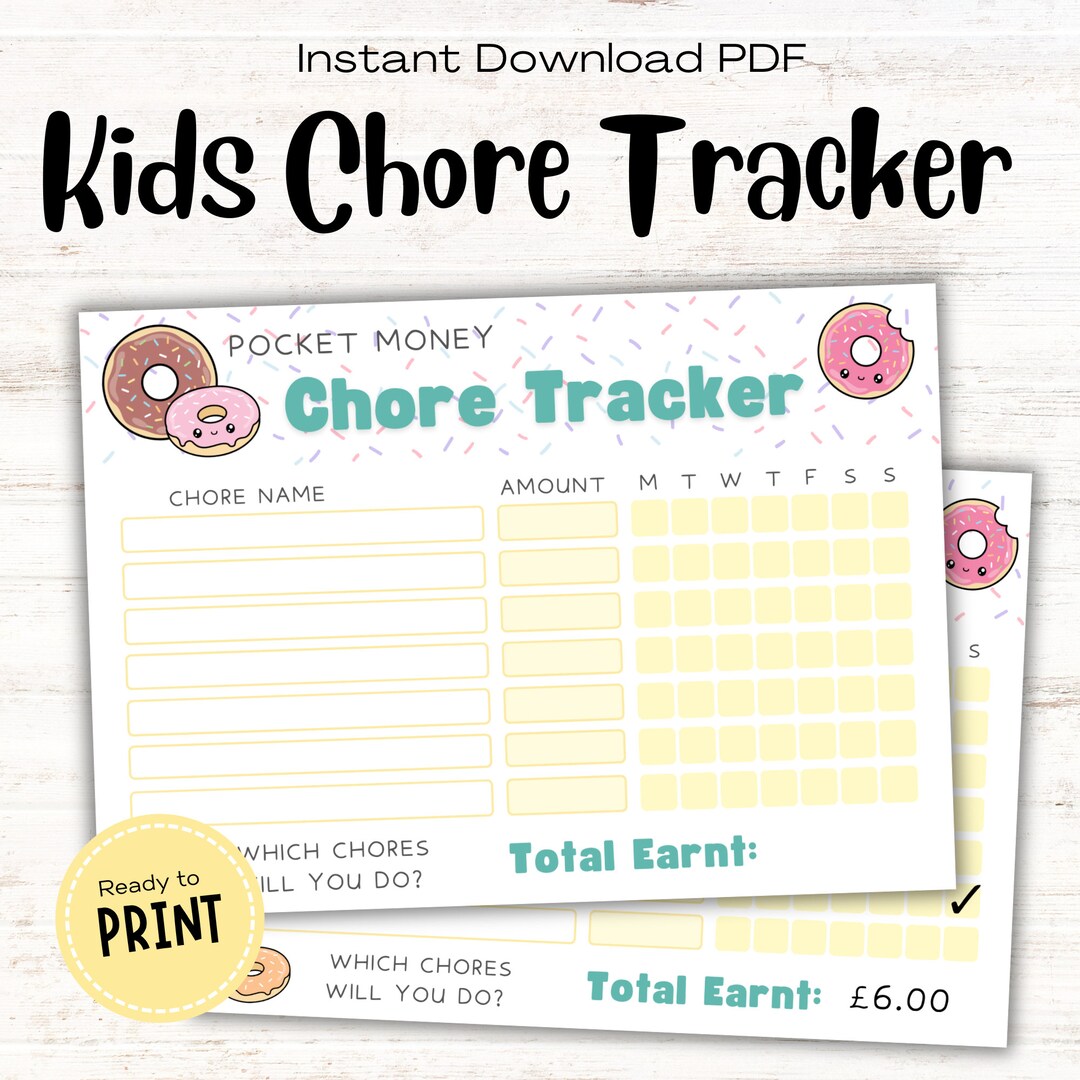 Printable Chore Tracker Chart for Kids, Pocket Money Chart, Daily ...