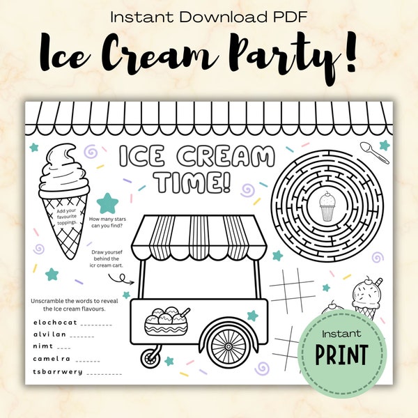 Ice Cream Activity and Colouring Mat for Kids, Party Placemat, Ice Cream Party Table Mat, Kids Birthday Party, Summer Activity