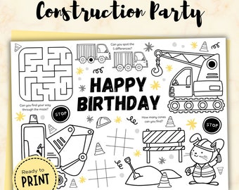 Kids Happy Birthday Digger and Construction Coloring and Activity Page Party Mat