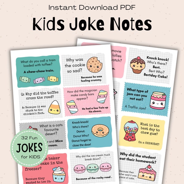 Printable Lunchbox Jokes for Kids, Dessert Themed Family Joke Cards, Back to School Notes, Funny Lunch Notes, Cute Notes for Kids and Teens