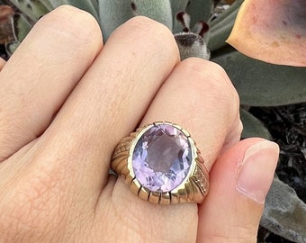 Vintage 10kt Yellow Gold Size 9 Oval Amethyst Ring, Antique Gold Statement Ring For Her, Estate Jewelry, Feburary Birthstone