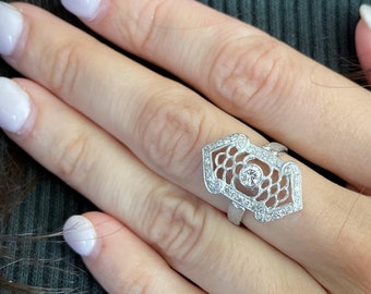 Size 5 1/2 Antique Platinum Diamond Filigree Ring, Platinum With Diamonds, Old Fashion Wedding Ring, Anniversary Gift For Wife, Art Deco