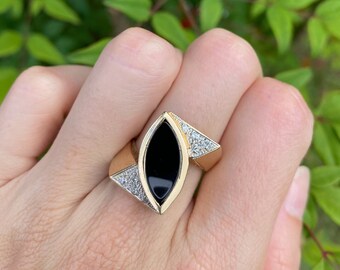 Vintage 14kt Onyx And Diamond Ring, Size 5 1/2, Geometric Ring, Art Deco Onyx Ring, Statement Jewelry Marquise Onyx Inlay, Gift For Her