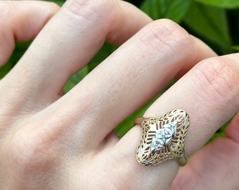 Size 6 1/4 Gold Vintage Jewelry, Long Vintage Ring, Art Deco Engagement Ring, 14k 2 Tone, Filigree Ring, Diamond Ring White gold|