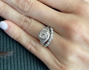 Size 5 1/4 Vintage 18kt White Gold Diamond Wedding Set, Art Deco Wedding Engagement Ring and Band For Her, Estate Jewelry, Art