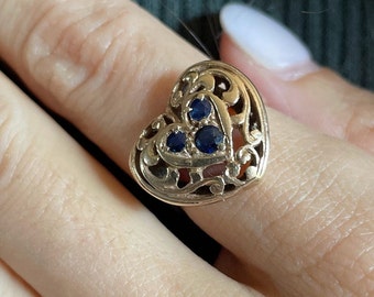 Vintage 14kt Gold and Sapphire Heart Ring, Size 5 1/2, Estate Heart Jewelry, Victorian Heart Shaped Filigree Ring, Art Deco, Gift For Her