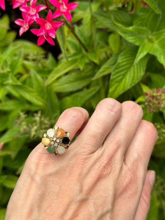 14kt Vintage Six Stone Pear Shape Jade Ring, Size… - image 1