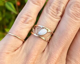 Vintage Ring Size 4 3/4 Floral Oval 14kt Opal Ring, Cabochon Opal Ring,Opal Ring For Women,Antique Opal Solid Yellow Gold Ring, October