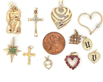 14k Vintage Japanese Lucky Cat Charm | Initial U V | Ruby Heart, North Star w/Jade, Cross, Aloha Shadow Heart, Heart W/Diamond, Geometric