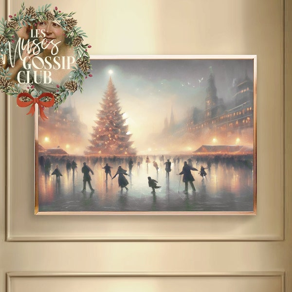 People Skating Oil Painting, Christmas Tree Printable, Foggy Cityscape Digital Art, Grey Winter Poster, Ice Skating Rink Scenery Wall Decor