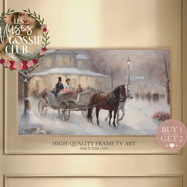 Valentine's Day Frame TV Art, Couple In A Carriage Scenery Oil Painting, Winter Digital Wall Art, Romantic Instant Art, Horses Home Decor