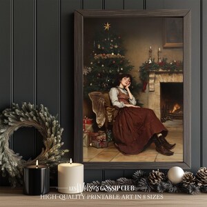 May include: A painting of a woman sitting in a chair by a fireplace with a Christmas tree in the background. The woman is wearing a brown dress and has her head resting on her hand. The fireplace has a fire burning in it and there are stockings hanging from the mantelpiece. The Christmas tree is decorated with ornaments and lights.
