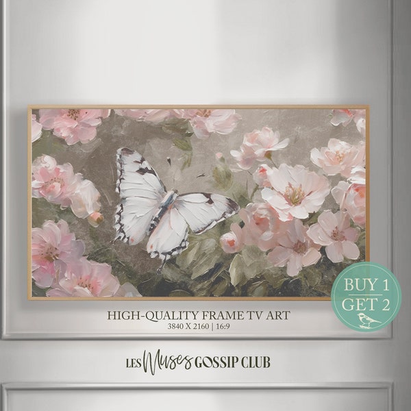 White Butterfly In Flowers Scenery Frame TV Art, Spring Oil Painting, Insect Digital Wall Art, Pink Florals Instant Art, 1800s Home Decor