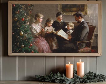 May include: A vintage painting of a family gathered around a Christmas tree, reading a book together. The family is dressed in traditional clothing and the room is decorated with festive ornaments. The painting is framed in a light wood frame.