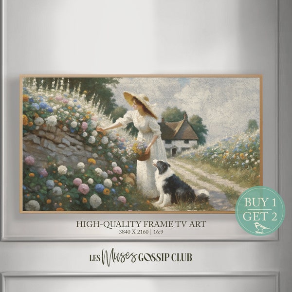 Young Woman Picking Flowers Scenery Frame TV Art, Spring Garden Oil Painting, Collie Dog Digital Wall Art, Lady Instant Art, 1800s HomeDecor